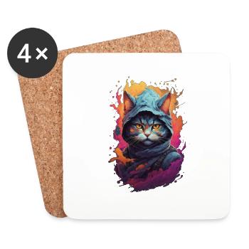 Fiery Feline Warrior: Detailed Ninja Cat - Coasters (set of 4) - white - Front