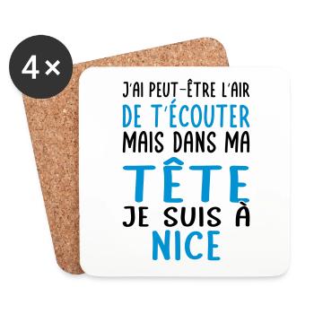 Dans ma tête je suis à Nice - Cadeau humour - Dessous de verre (lot de 4) - blanc - Devant