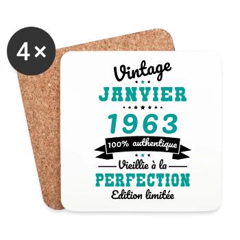Anniversaire 60 ans - Vintage - Janvier 1963 - Dessous de verre (lot de 4) - blanc - Devant