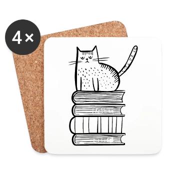Katze mit Büchern - Untersetzer (4er-Set) - Weiß - Vorne