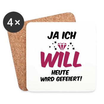 Braut T-Shirt, JGA T-Shirt, Ja, ich will T-Shirt - Untersetzer (4er-Set) - Weiß - Vorne