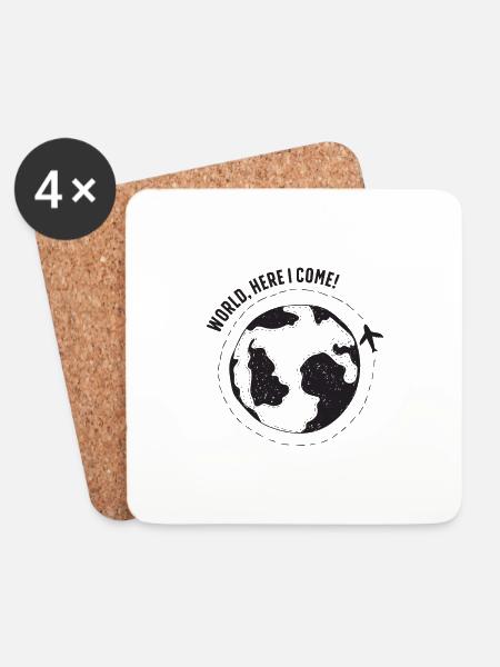 WORLD, HERE I COME! - Backpacker & Traveler design - Coasters (set of 4) - white