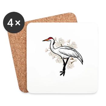 Crane and cherry blossom Japan embroidery gift - Coasters (set of 4) - white - Front