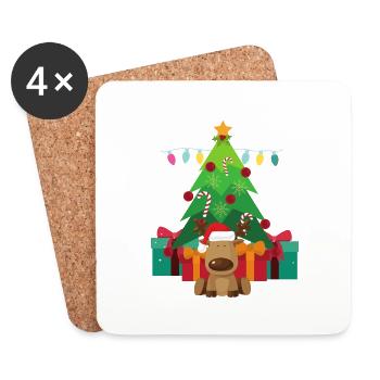 Arbre de Noël- Rennes-Noël T-shirt T-shirt - Dessous de verre (lot de 4) - blanc - Devant