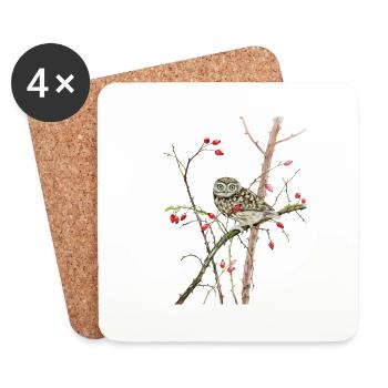 Lovingly hand painted stone owl on branch - Coasters (set of 4) - white - Front