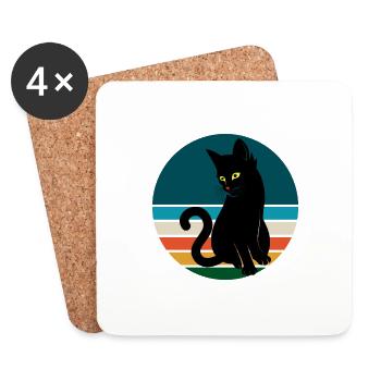 Schwarze Katze sitzen Retro Sonnenuntergang - Untersetzer (4er-Set) - Weiß - Vorne