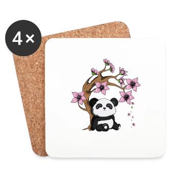 Panda Bear Tree Cherry Blossom Bamboo Happy Panda - Coasters (set of 4) - white - Front