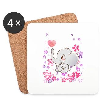 Bébé éléphant avec des fleurs - Dessous de verre (lot de 4) - blanc - Devant