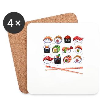 Japanese Sushi Kawaii Aisa Cuisine Rice Fish - Coasters (set of 4) - white - Front