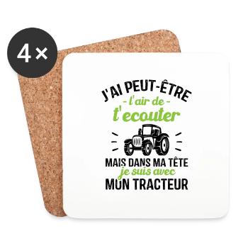 Dans ma tête je suis avec mon Tracteur Cadeau - Dessous de verre (lot de 4) - blanc - Devant