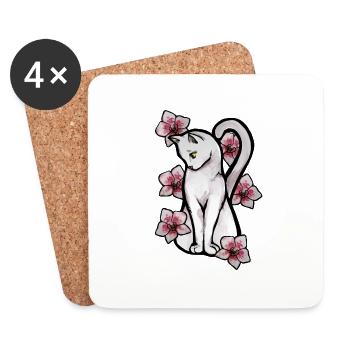 Pink Orchids White Cat - Coasters (set of 4) - white - Front