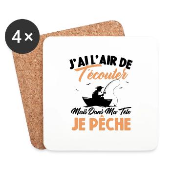 Dans Ma Tête Je Pêche, Cadeau Humour Pêcheur - Dessous de verre (lot de 4) - blanc - Devant