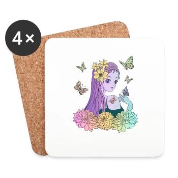 Manga girl with butterflies - Coasters (set of 4) - white - Front