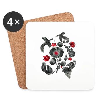 Oiseaux et fleurs noirs et blancs. Peinture petrykivka. - Dessous de verre (lot de 4) - blanc - Devant