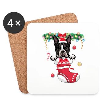 Drôle de Noël - Mignon chien Boston Terrier à Noël - Dessous de verre (lot de 4) - blanc - Devant