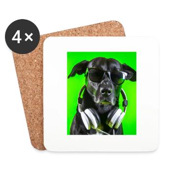 Chien avec écouteurs et fond vert - Dessous de verre (lot de 4) - blanc - Devant