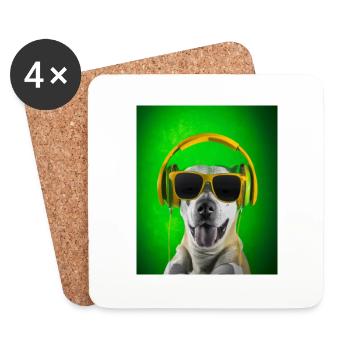 Chien avec écouteurs et fond vert - Dessous de verre (lot de 4) - blanc - Devant