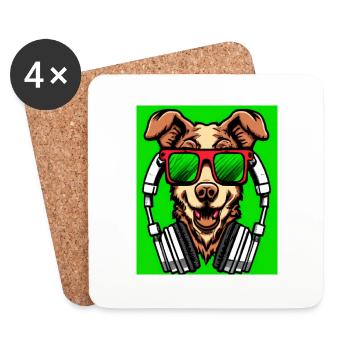 Chien avec écouteurs et fond vert - Dessous de verre (lot de 4) - blanc - Devant