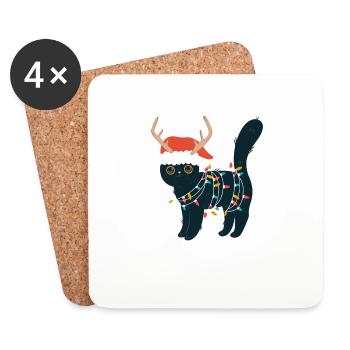 Rentier Schwarze Katze Weihnachtslichter Lustige - Untersetzer (4er-Set) - Weiß - Vorne