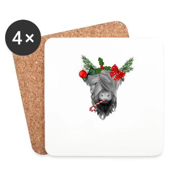 Noël poilu Bovins écossais des Highlands - Dessous de verre (lot de 4) - blanc - Devant