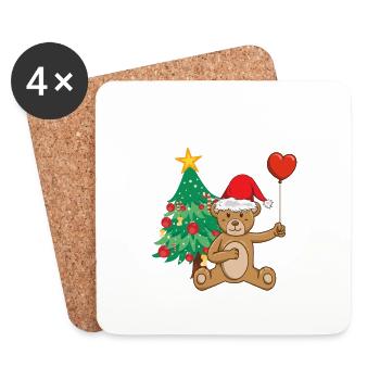 Ours en peluche chapeau de Père Noël arbre de Noël - Dessous de verre (lot de 4) - blanc - Devant