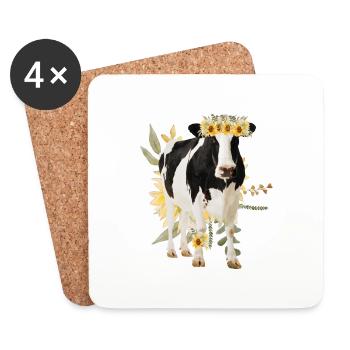 Holstein Kuh mit Blumen - Sonnenblumen - Untersetzer (4er-Set) - Weiß - Vorne