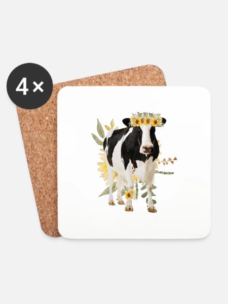Holstein Kuh mit Blumen - Sonnenblumen - Untersetzer (4er-Set) - Weiß