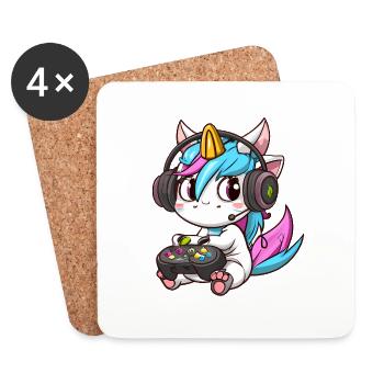 00234 süßes Einhorn mit Headset und Controller - Untersetzer (4er-Set) - Weiß - Vorne