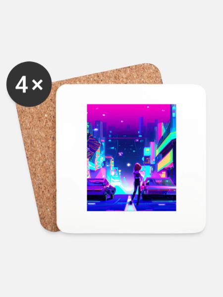 Vaporwave Aesthetic Synthwave City Anime Girl - Coasters (set of 4) - white