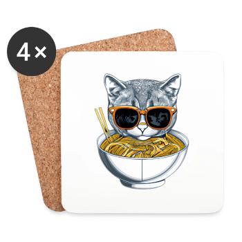 Cute cat with sunglasses enjoys ramen design - Coasters (set of 4) - white - Front