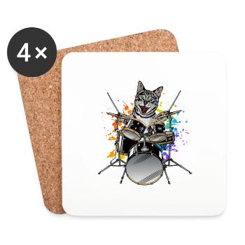 Drummer Cat Playing Drums Musician Player - Coasters (set of 4) - white - Front