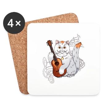 Cat Playing Acoustic Guitar Musician Guitarist - Coasters (set of 4) - white - Front