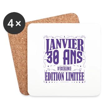 Janvier 30 ans. Cadeau 30 ans janvier anniversaire - Dessous de verre (lot de 4) - blanc - Devant