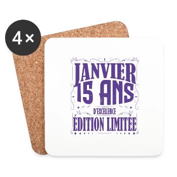 Janvier 15 ans. Cadeau 15 ans janvier anniversaire - Dessous de verre (lot de 4) - blanc - Devant