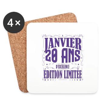 Janvier 20 ans. Cadeau 20 ans janvier anniversaire - Dessous de verre (lot de 4) - blanc - Devant