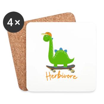Dinosaures herbivores avec casquette de baseball sur planche à roulettes - Dessous de verre (lot de 4) - blanc - Devant