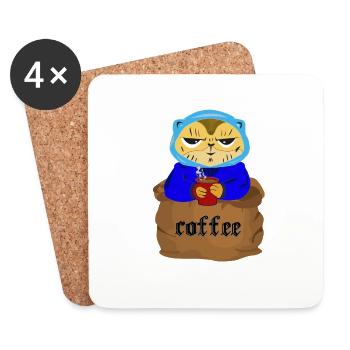 Café dans un poke avec un chat et une tasse de café - Dessous de verre (lot de 4) - blanc - Devant