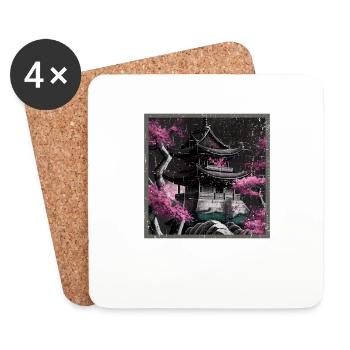 Vintage Japanese Sakura Cherry Blossom Temple - Coasters (set of 4) - white - Front