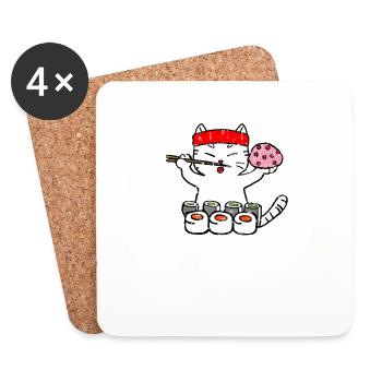 Le chat mange des sushis avec des baguettes - Dessous de verre (lot de 4) - blanc - Devant