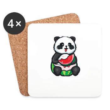 Un panda mignon s’assoit et mange une pastèque - Dessous de verre (lot de 4) - blanc - Devant