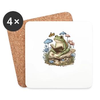 White Cottagecore Aesthetic Mushroom Frog Reading - Coasters (set of 4) - white - Front