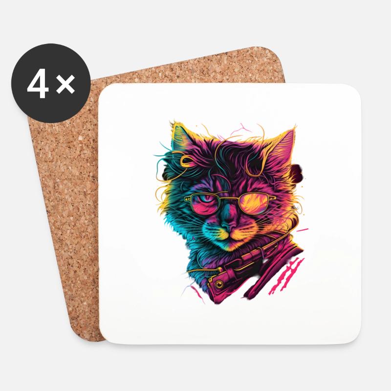 Synthwave Katze 80s Geschenk - Untersetzer (4er-Set) - Weiß