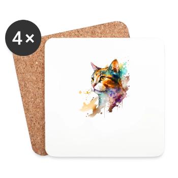 Chat domestique Aquarelle Shorthair Cool Art Motif - Dessous de verre (lot de 4) - blanc - Devant