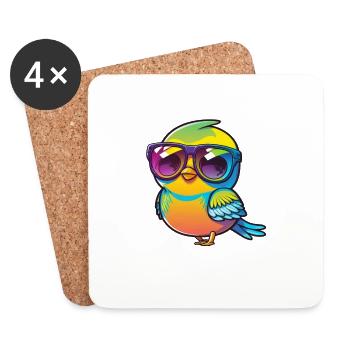 Kawaii Mignon Happy Colorful Bird avec des lunettes de soleil - Dessous de verre (lot de 4) - blanc - Devant