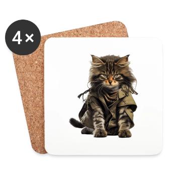 Katze als Guerilla Kämpfer und Veteran mit Poncho - Untersetzer (4er-Set) - Weiß - Vorne