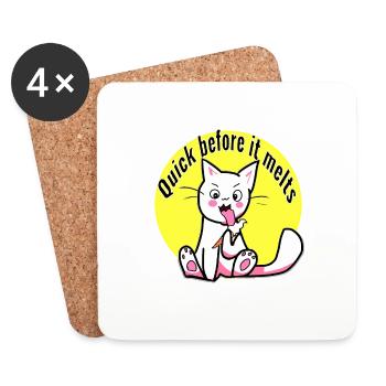 Cute kitten eating ice cream quick before it melts - Coasters (set of 4) - white - Front