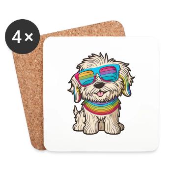 Kawaii Süßer glücklicher bunter Hund mit Sonnenbrille - Untersetzer (4er-Set) - Weiß - Vorne