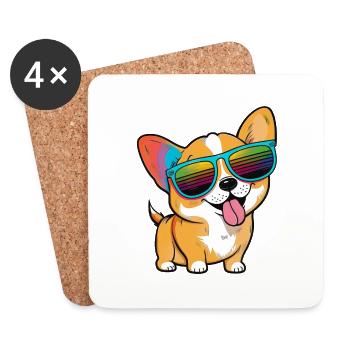 Kawaii Cute Happy Colorful Dog avec des lunettes de soleil - Dessous de verre (lot de 4) - blanc - Devant
