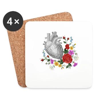 Anatomisches Herz und Blumen - Untersetzer (4er-Set) - Weiß - Vorne