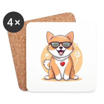 Shiba Inu avec lunettes de soleil et chaîne cardiaque - Dessous de verre (lot de 4) - blanc - Devant